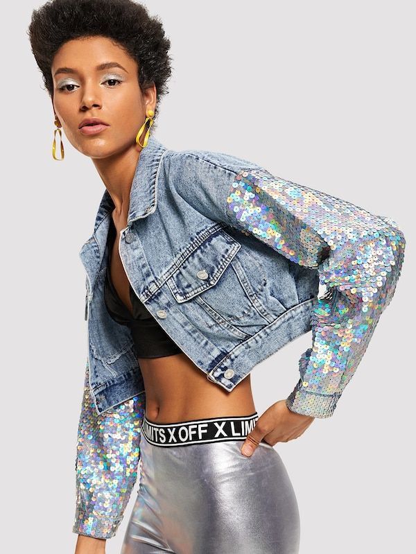 Jean jacket with sequin sleeves best sale
