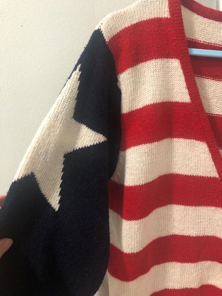 Free size Knitted cardigan sweater jacket red white stripes navy