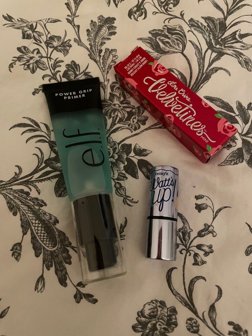 Make Up Bundle (Category: Makeup) located in Manila. Submitted by dianadebelen (Listing ID 1262545238, Image 1). Description: 🌈 E.L.F. Power Grip Primer (24ml) 🌈 BENEFIT Cosmetics Watt’s Up! Highlighter (2.5g) ❌ SOLD ❌ 🌈 LIME CRIME Velvetines Mini in shade Red Rose (2.07ml).