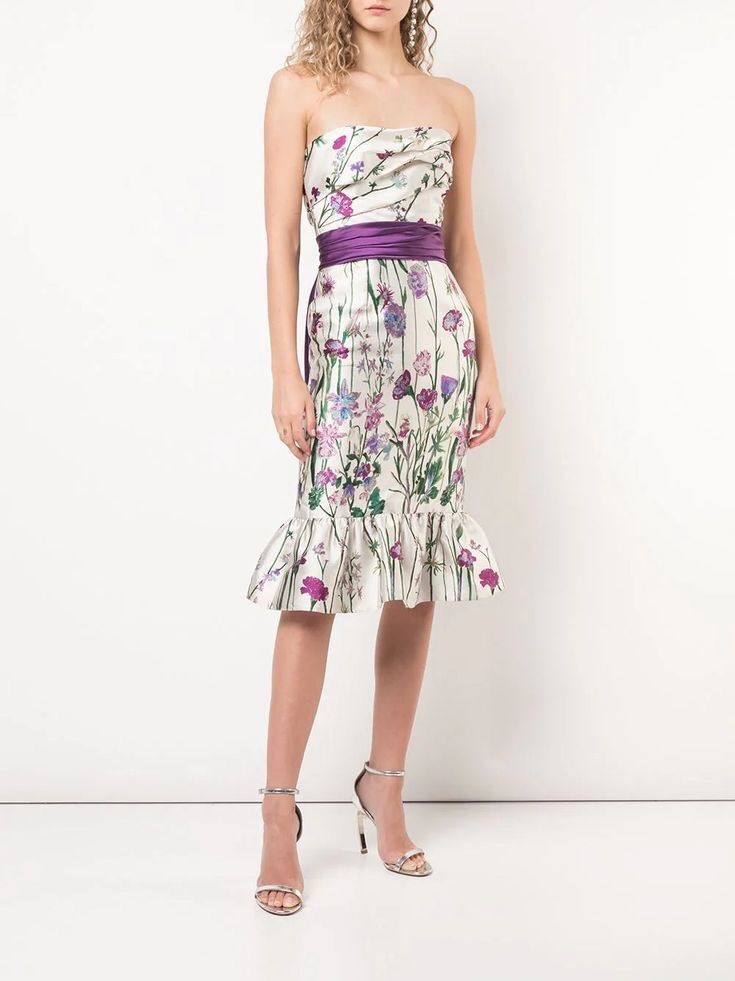 Marchesa notte designer ivory purple floral midi dress with bow