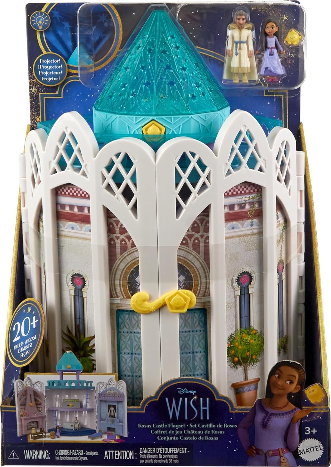 Mattel Disney's Wish Rosas Castle Dollhouse Playset with 2 Posable Mini  Dolls, Star Figure, 20 Accessories, Light-Up Projection Dome & More