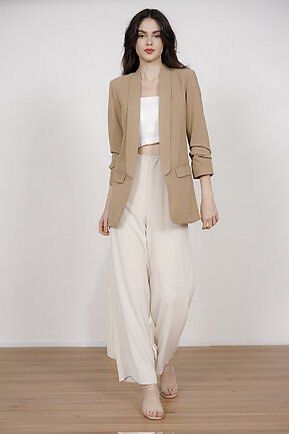 Camel ruched sleeve blazer top