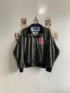 Majesda® - Embroidered Lettering PU Leather Varsity Jacket