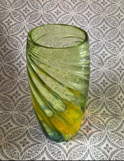 Murano Style Handblown Art Glass Swirl Green Yellow Blue Nordic Vase with Flaw as posted 9.75” x 4” inches - P699.00