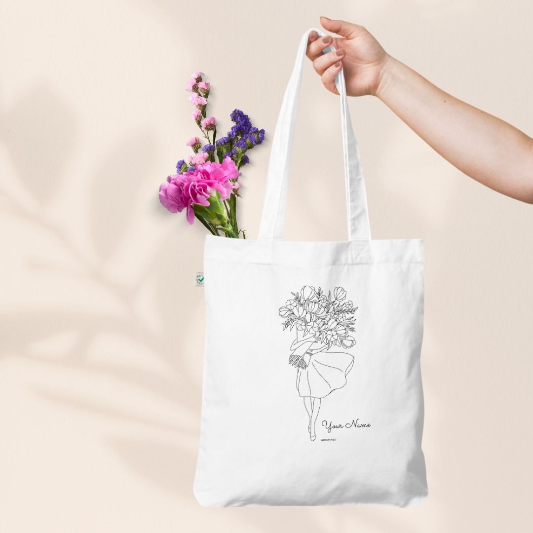 Personalized Girl with Bouquet Organic tote bag Casual Bag Gym Bag Shopping Bag Eco Friendly Bag
