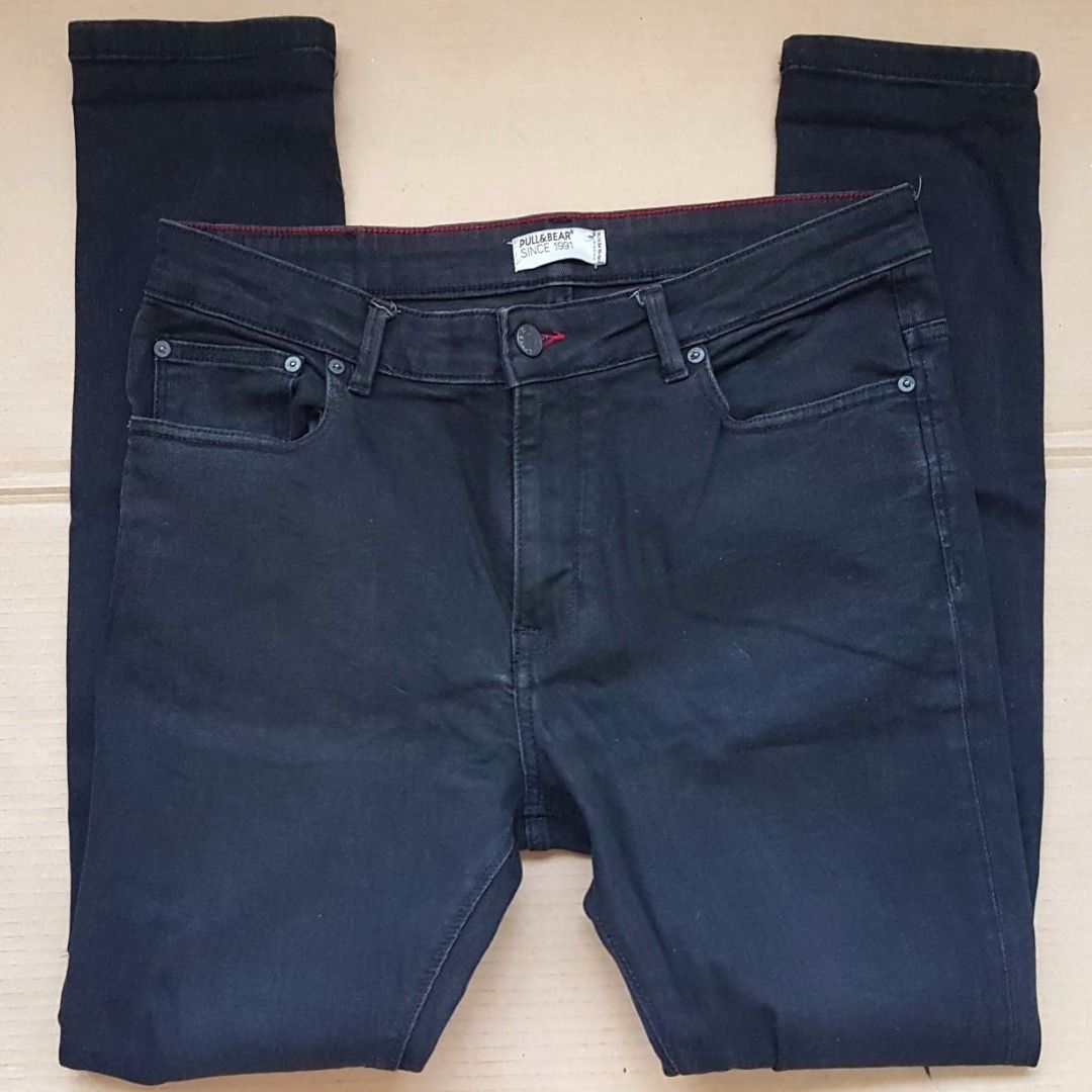 Pull Bear Black Denim Jeans Stretchable Pants EU 48 Waist 35 to 40 inches Cult Street Fashion Distressed Destroyed Fray Knees Old School