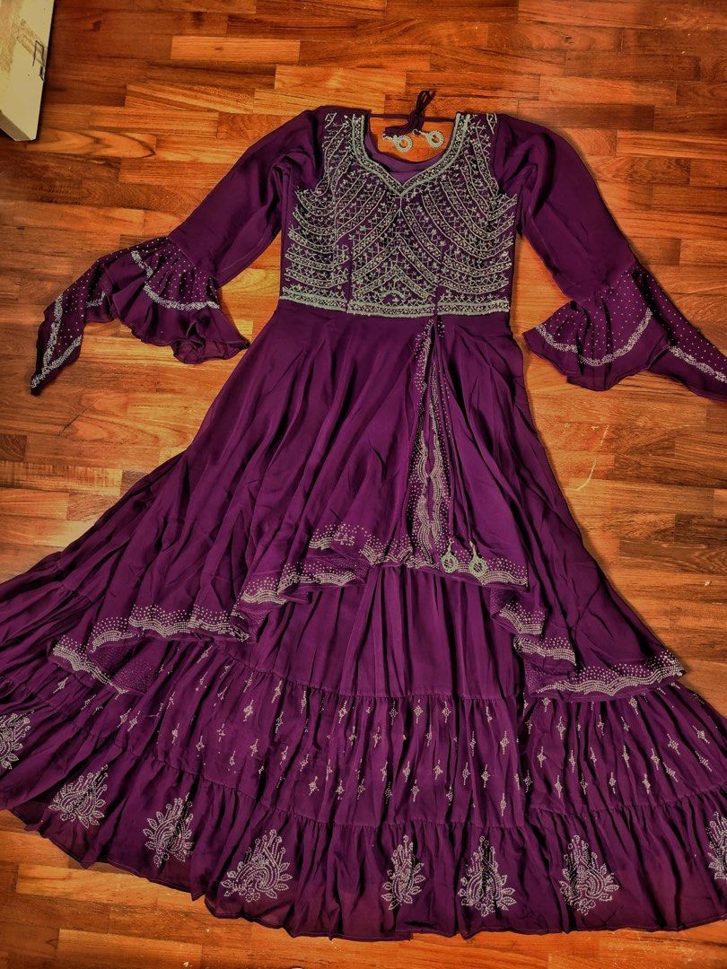 Dark Purple Georgette handwork readymade flared dress Long dress