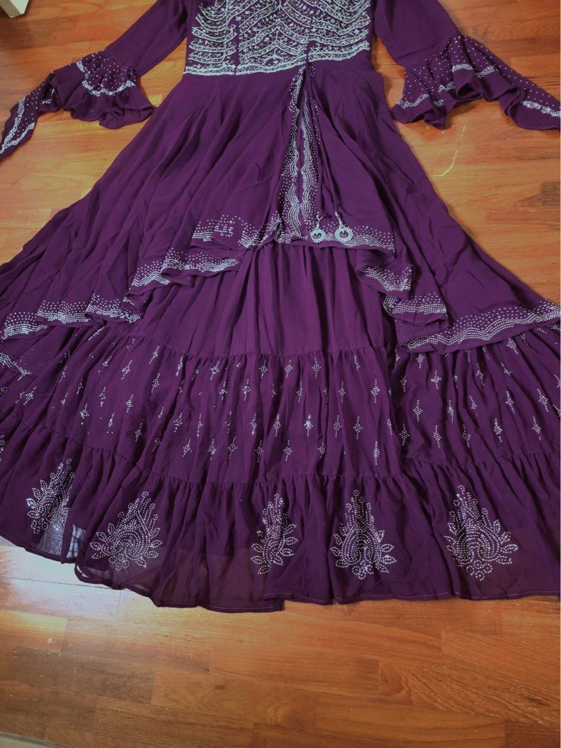 Dark Purple Georgette handwork readymade flared dress Long dress