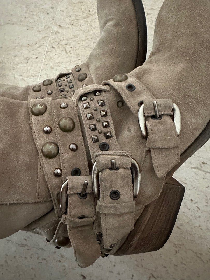 Russell Bromley Rockafella Size 38 Taupe Suede Leather Biker