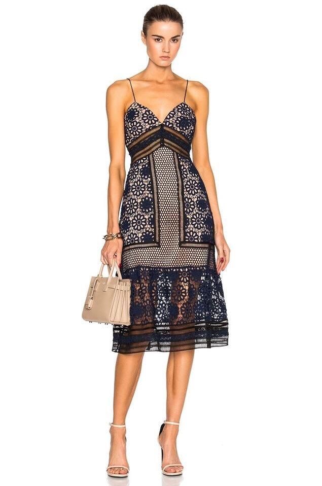 Self-Portrait Navy Guipure Floral Lace Overlay Strappy Midi Dress