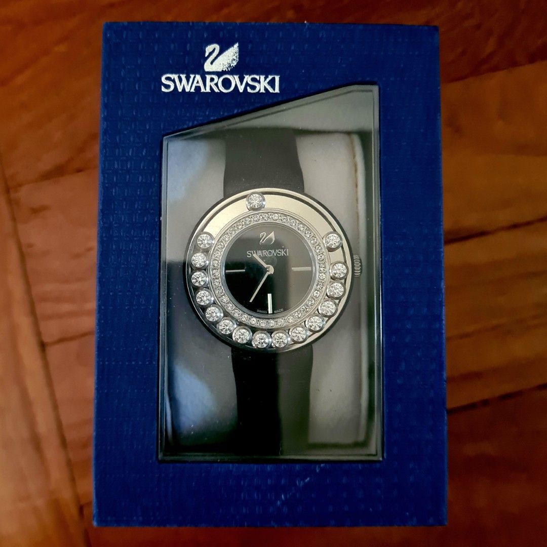 Swarovski Crystal Black Leather Quartz Happy Watch RARE