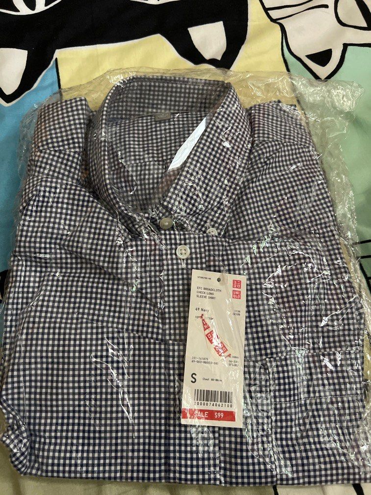 Uniqlo checked long-sleeved shirt 藍色格仔長袖恤衫, 男裝, 上身及