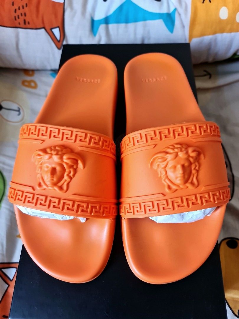 Versace Orange Rubber Silp On Pool Slides. Luxury Sneakers