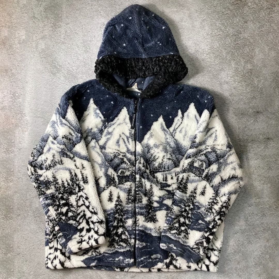 Vintage Black Mountain Graphic Fleece Jacket Men s Fashion Coats