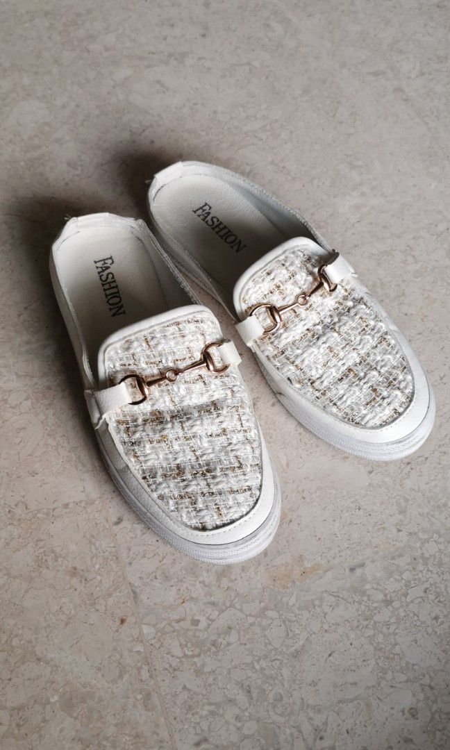 Women loafers slip on half shoes tweed white gold 35 34 Women s