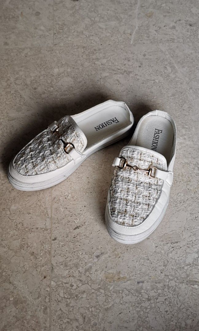 Women loafers slip on half shoes tweed white gold 35 34 Women s