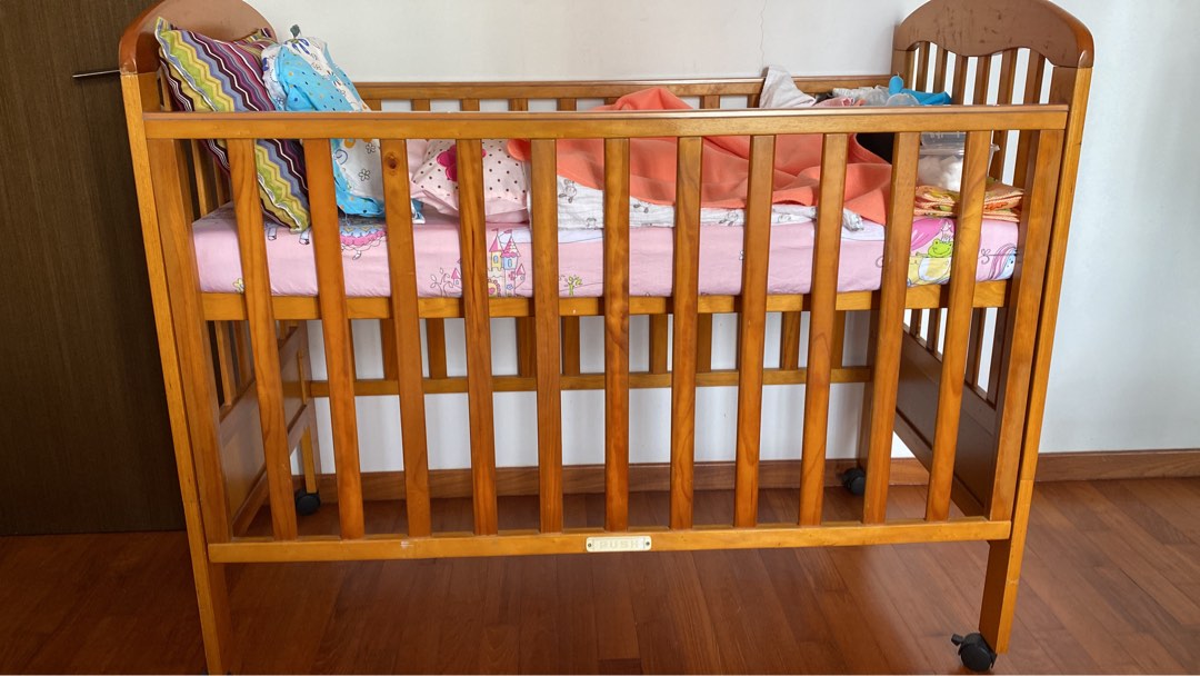 Wooden Baby Cot, Lightly Used, bought in Kiddy Palace, Babies & Kids