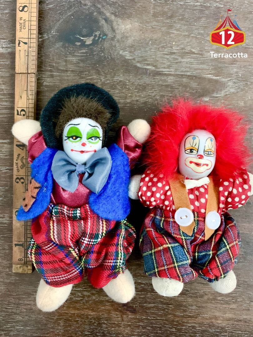 12 VINTAGE 2 Stuffed joyful clown dolls sitting with flashy dress