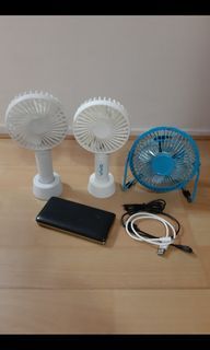 行動電源自帶線(有電量顯示板)及3台小電風扇