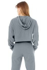 Alo Yoga Muse Rib-knit Hooded Sweatshirt In Steel Blue | ModeSens