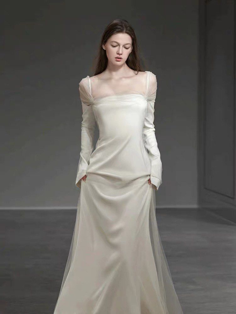 White long discount sleeve evening dress
