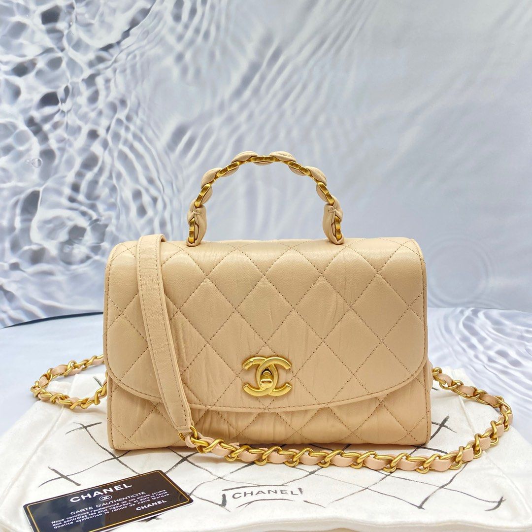 CHANEL BEIGE CRUMPLED LAMBSKIN MINI FLAP BAG WITH TOP HANDLE, Luxury, Bags  & Wallets on Carousell