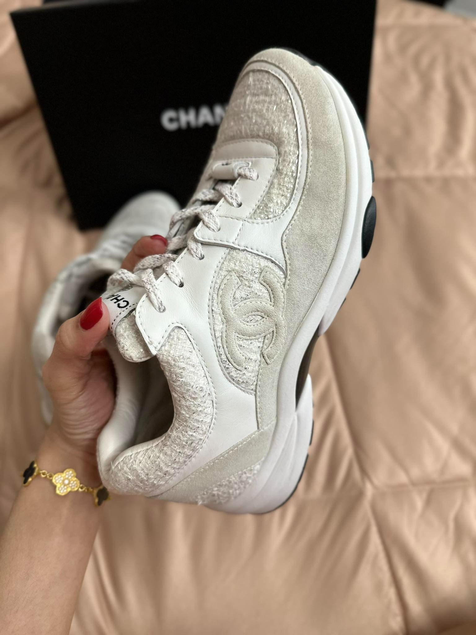 Chanel CC Logo Sneakers White Silver Size 39, Luxury, Sneakers & Footwear  on Carousell