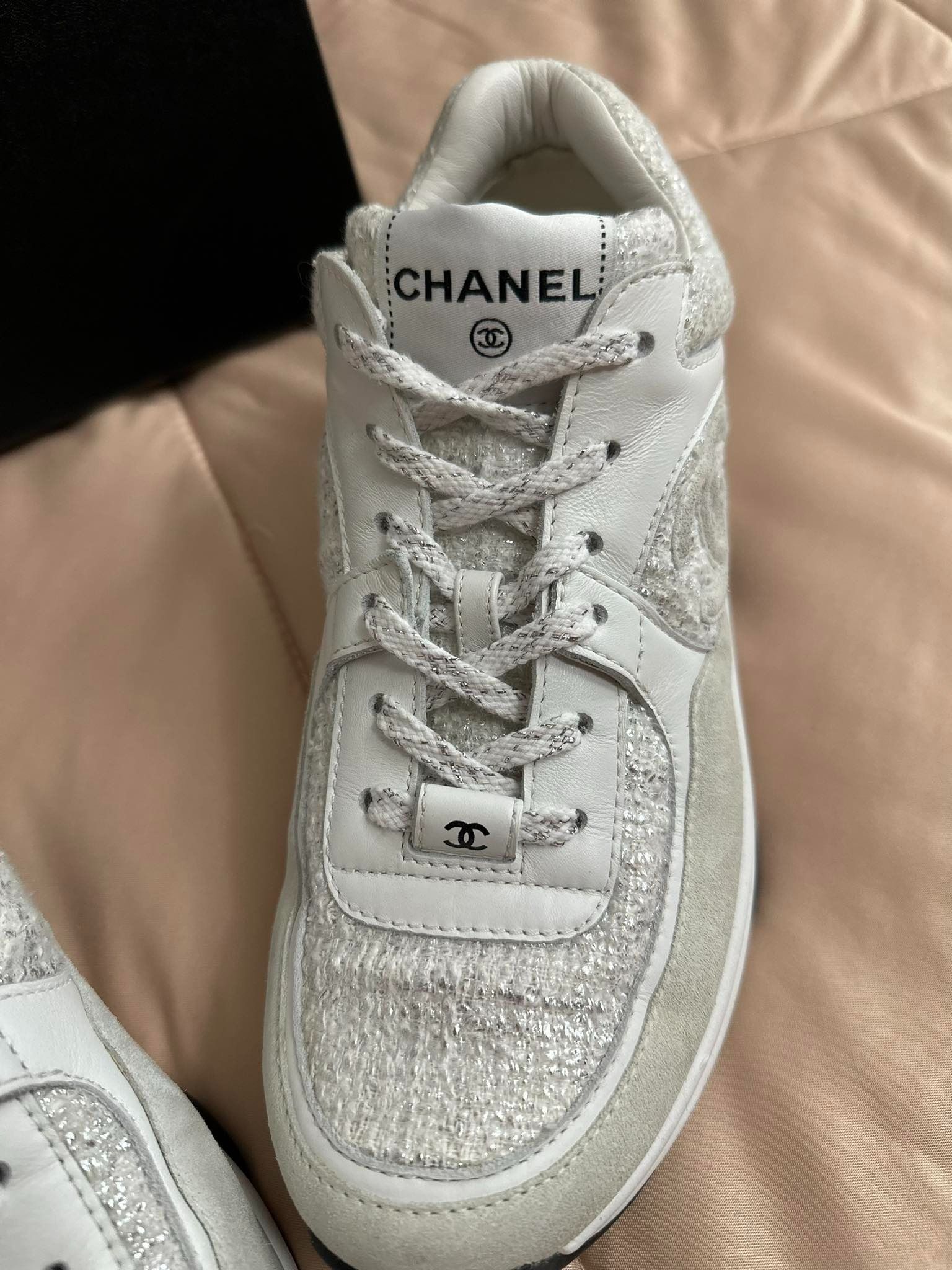 Chanel CC Logo Sneakers White Silver Size 39, Luxury, Sneakers & Footwear  on Carousell