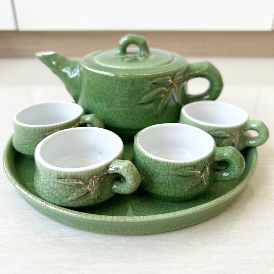 Chinese Teapot and Teacup Set with Green Bamboo Design, Furniture