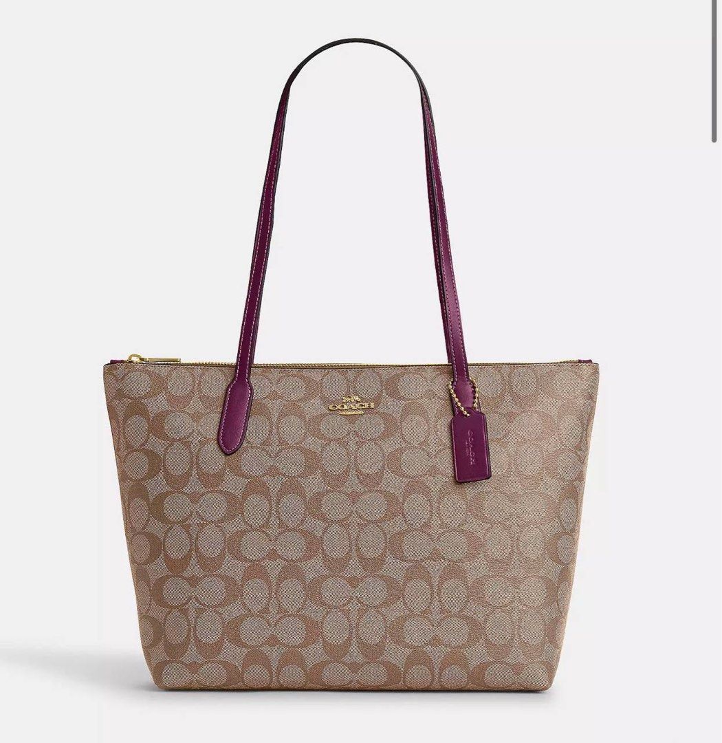 Coach City Zip Top Tote in Signature Canvas Khaki Deep Berry
