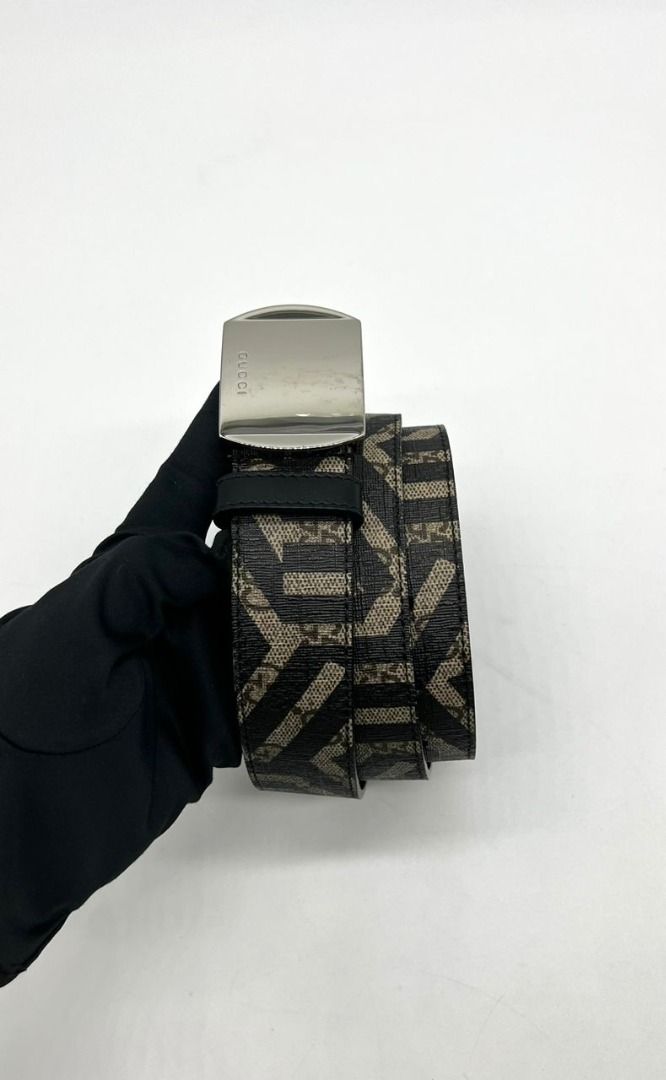 Gucci Plate Buckle Belt Caleido Print GG Coated Canvas Wide Brown