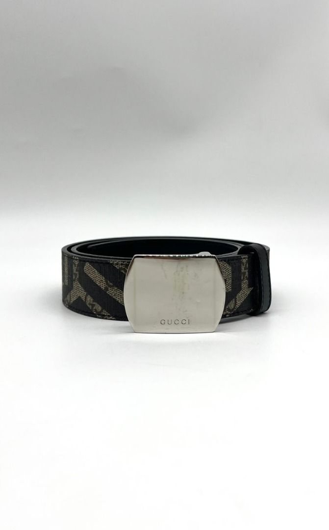 Gucci Plate Buckle Belt Caleido Print GG Coated Canvas Wide Brown