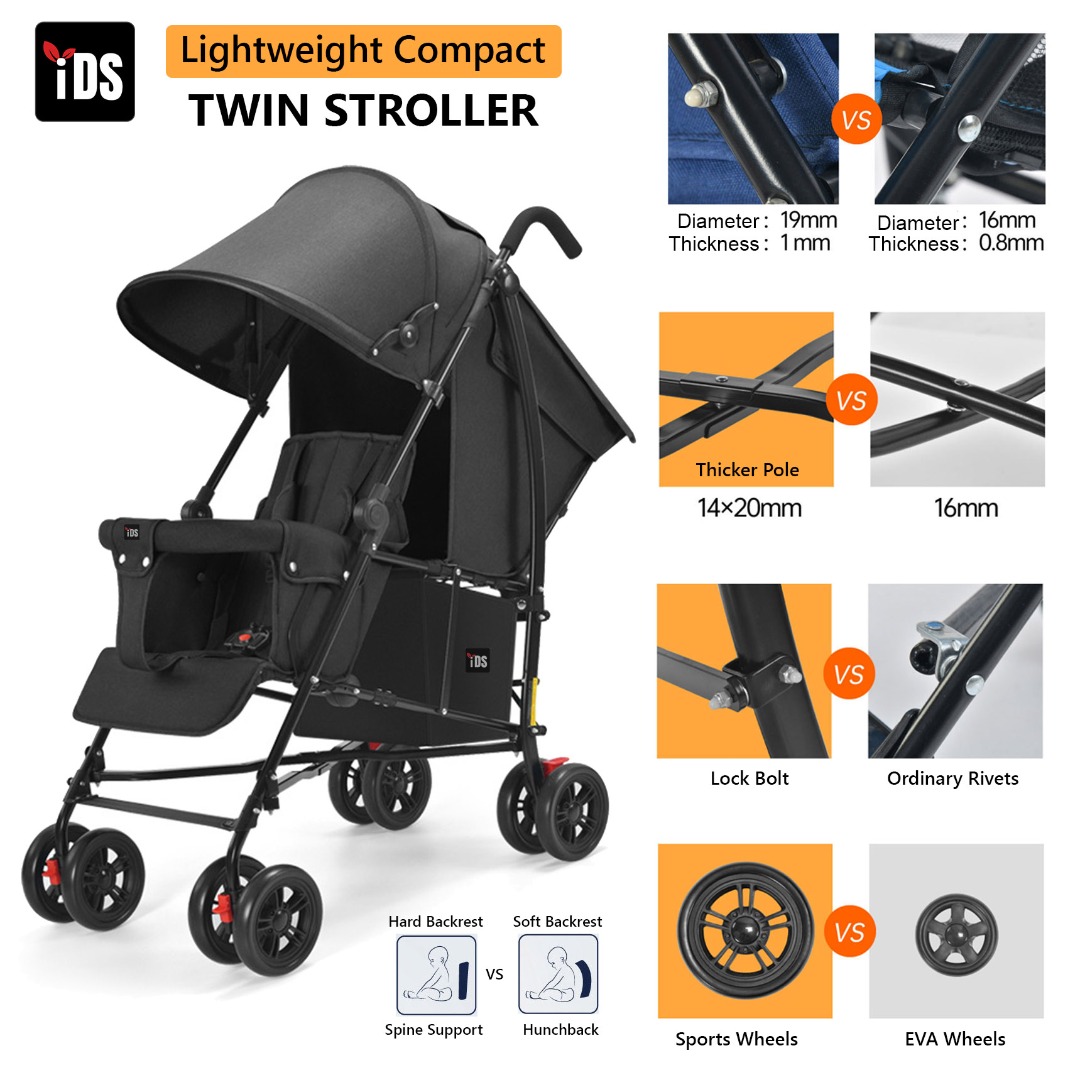 iDS Compact Twin Stroller Double Stroller Dual Stroller Umbrella Stroller Baby Stroller Double Seat Foldable Pram