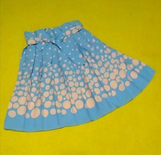Light Blue and Peach Polka Dot Pleated Skirt with Side Ties