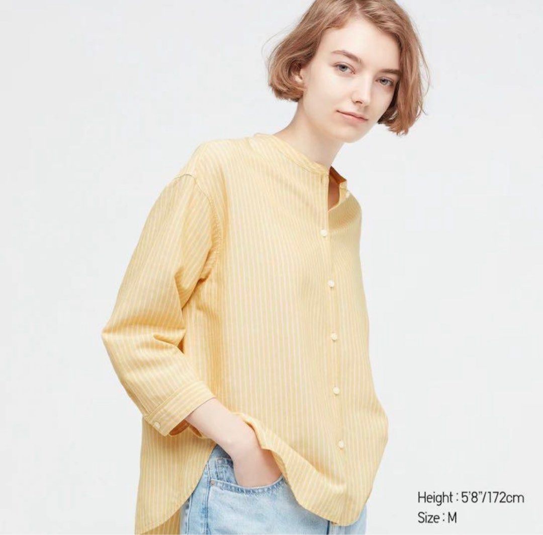 Linen Blend Striped Band Collar 3/4 Sleeve Shirt