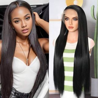 Long Straight Natural Black Lace Front Wig Full Head