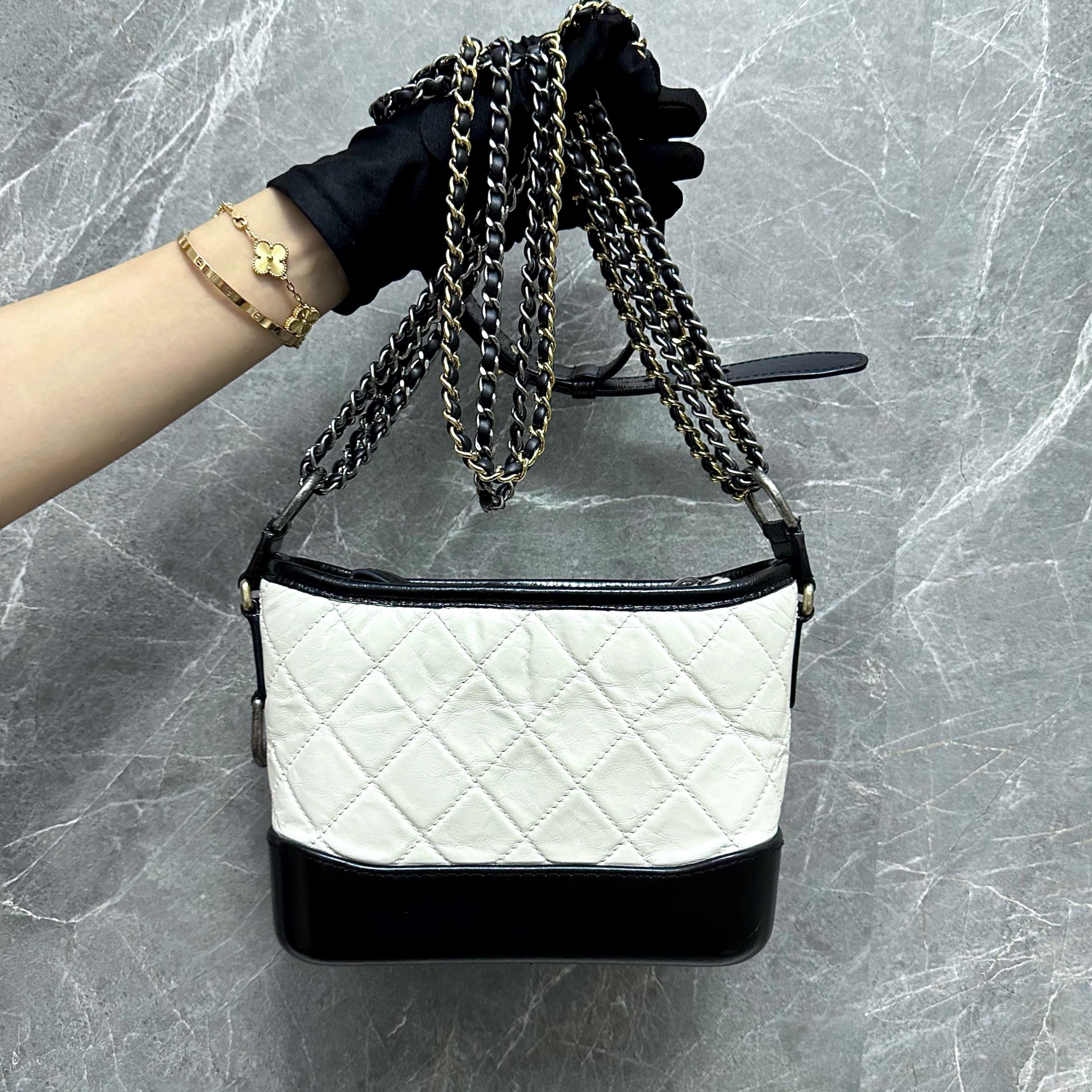 CHANEL Tweed Calfskin Quilted Small Gabrielle Hobo White 774860