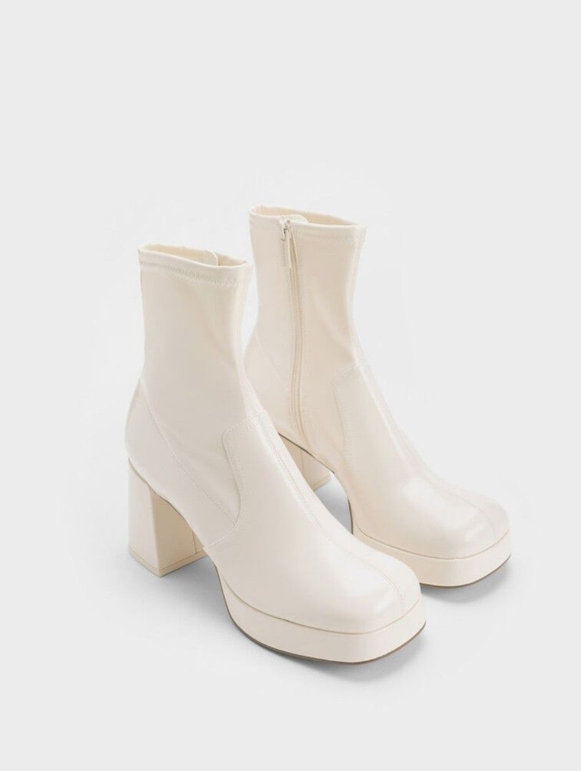Patent Crinkle Effect Block Heel Boots Beige Women s Fashion