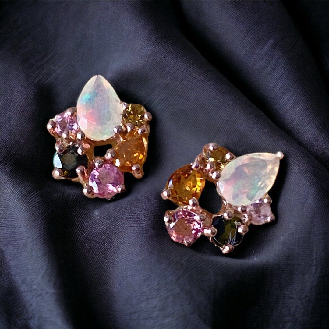 BEST BUY Rainbow opal w Multicoloured tourmaline ear studs