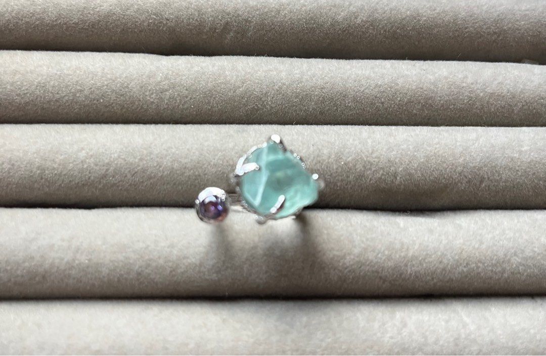 Raw Aquamarine with small amethyst ring Women s Fashion Jewelry