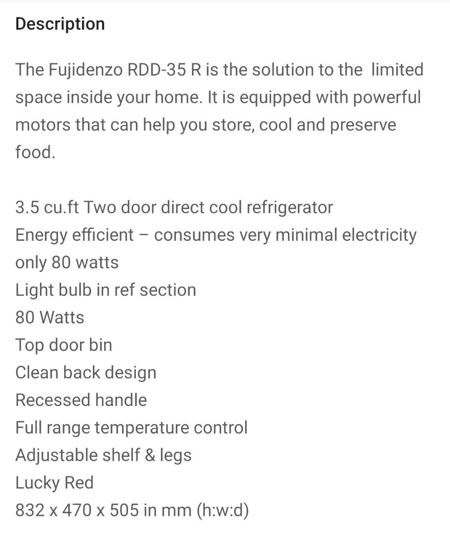 Refrigerator fujidenzo, TV & Home Appliances, Kitchen Appliances