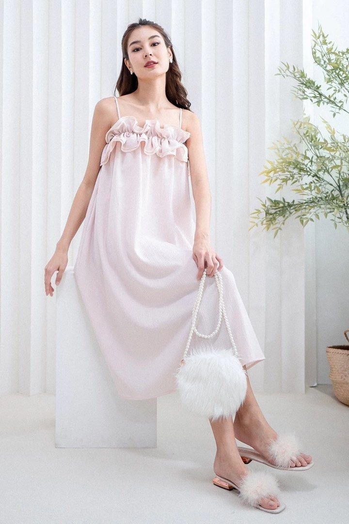 Ruffle midi dress in nude pink, Women's Fashion, Dresses Sets
