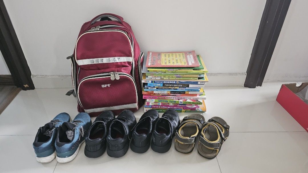 School bag, shoes and books, Hobbies & Toys, Books & Magazines