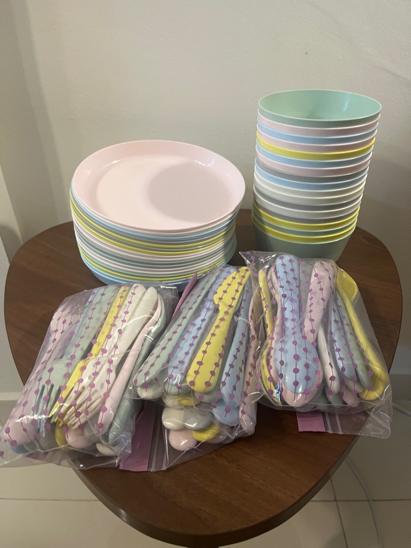 Set of 15 IKEA kids plastic plates, bowls, knives, spoons, and forks
