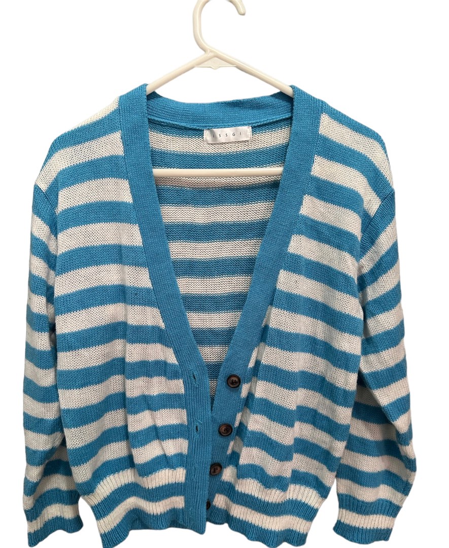 White and on sale blue striped cardigan