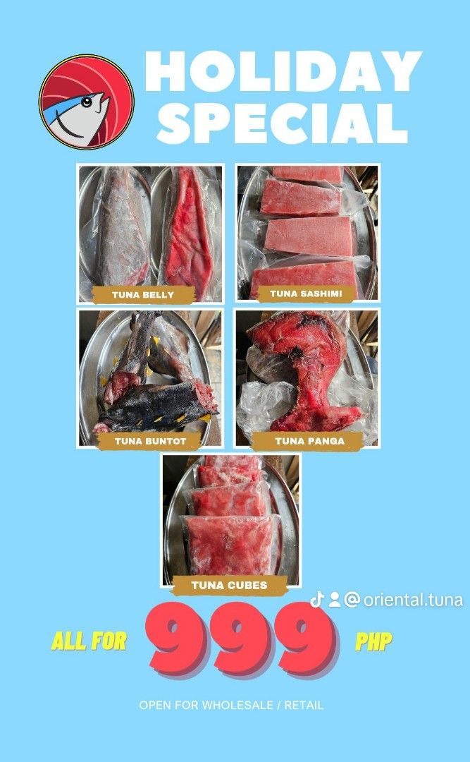 Tuna PACKAGE 999 (Category: Packaged & Instant Food) located in Pasay City. Submitted by deal.point (Listing ID 1262782434, Image 1). Description: Oriental Tuna Philippines 💯 GenSan tuna ALL FOR ONLY 999 😲💥 HOLIDAY SPECIAL! Perfect for ulam / pulutan this holiday season 😋 GET: ✅️ TUNA PANGA ✅️ TUNA SASHIMI BAR ✅️ TUNA BUNTOT ✅️ TUNA BELLY ✅️ TUNA CUBES All are freshly packed! 💯 GenSan tuna 😋👌 Location: Makati We offer retail / wholesale (5