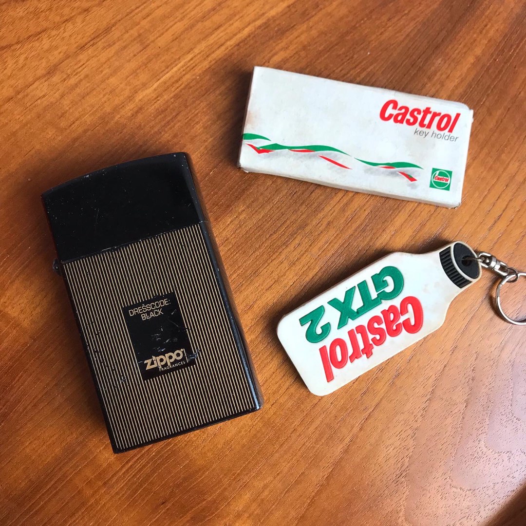 Vintage Zippo Perfume and nos new old stock 90s Castrol Big Key chain