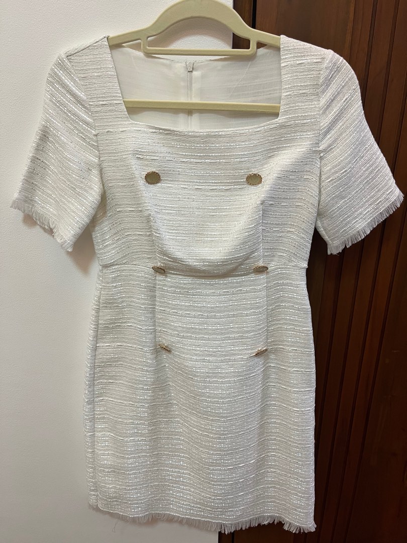 Windowpane Tweed Square Neck Mini Dress