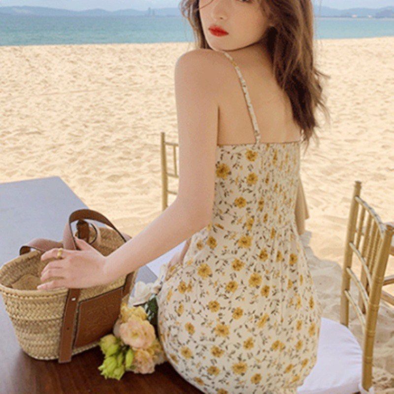 Women Daisy Flower Bali Mini Dress Ladies Slip Sun Dresses Bohemian Beach Dress