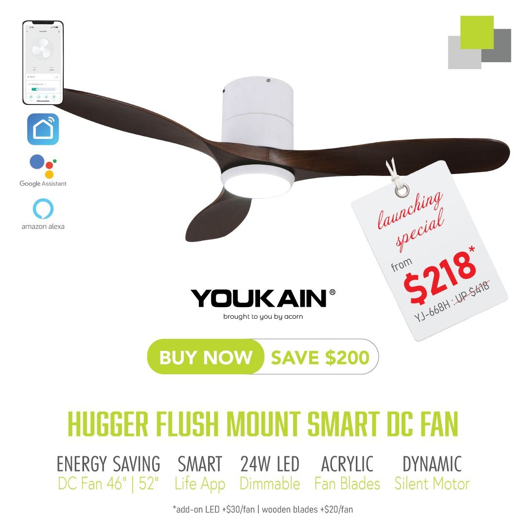 YOUKAIN by Acorn Optimum YJ668H DC Smart Ceiling Fan 46" / 52" Hugger